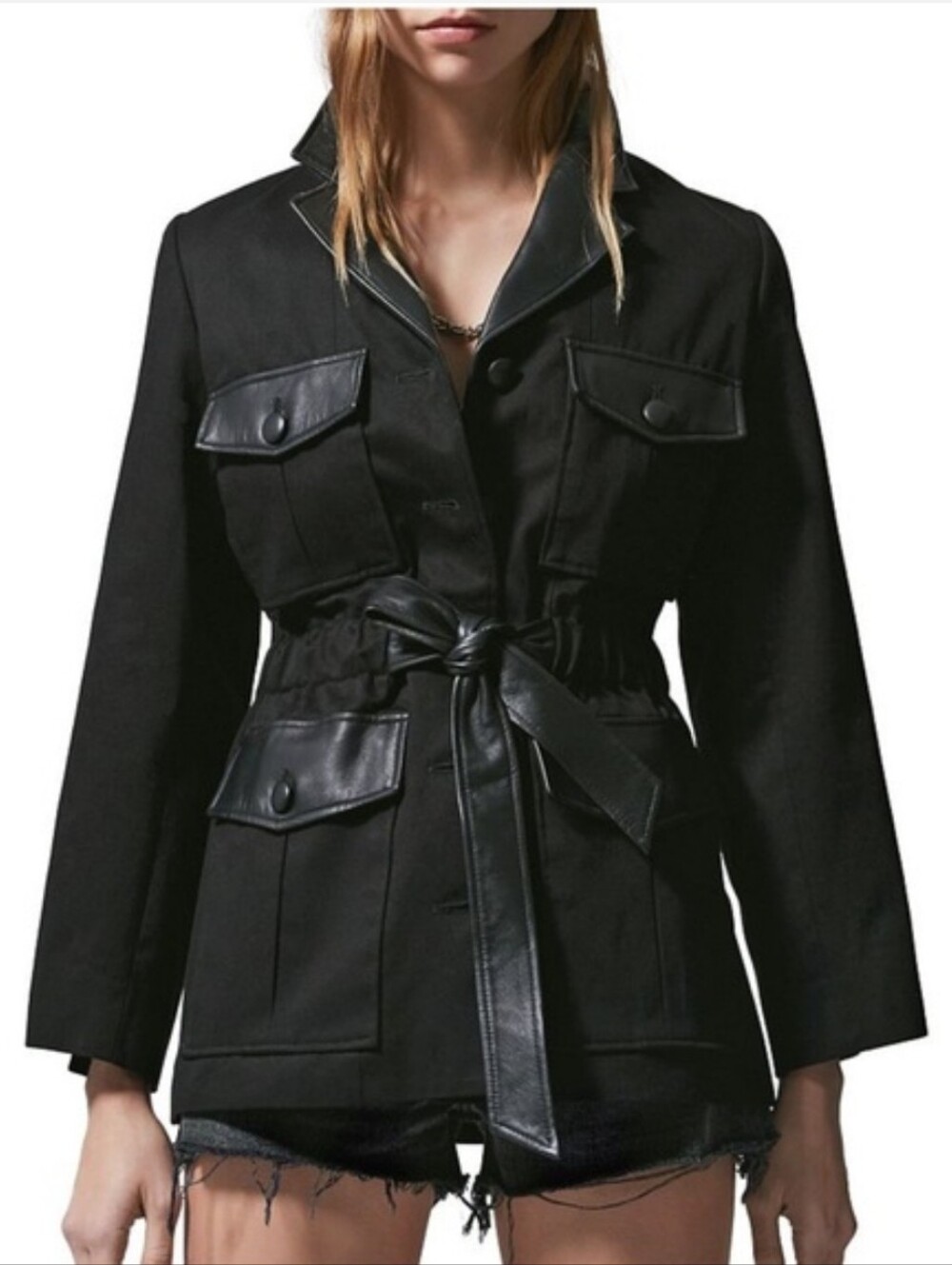 Kooples Black Leather Trimmed Utility Jacket Size 32